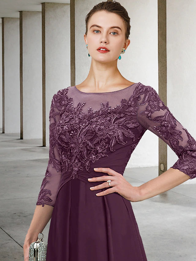 A-Linien-Kleid für die Mutter der Braut, Hochzeitsgast, Übergröße, elegant, Rundhalsausschnitt, knöchellang, Chiffon, Spitze, 3/4-Ärmel mit gerüschten Pailletten-Applikationen